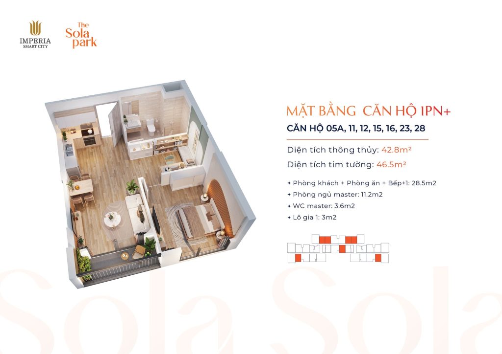 Layout thiet ke Can ho 1 Phong Ngu tai du an The Sola Park Imperia Smart City