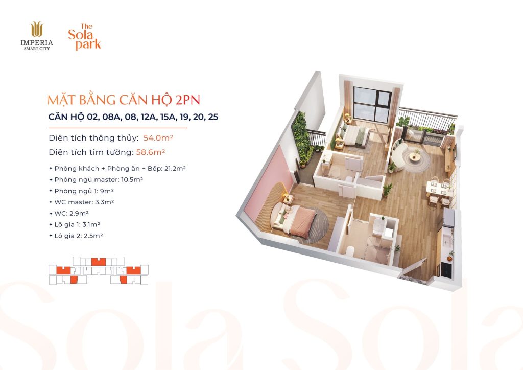 Layout thiet ke Can ho 2 Phong Ngu tai du an The Sola Park Imperia Smart City