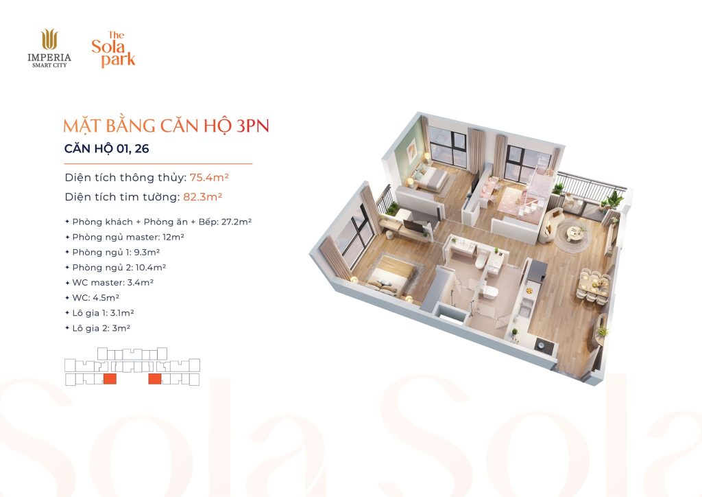 Layout thiet ke Can ho 3 Phong Ngu tai du an The Sola Park Imperia Smart City