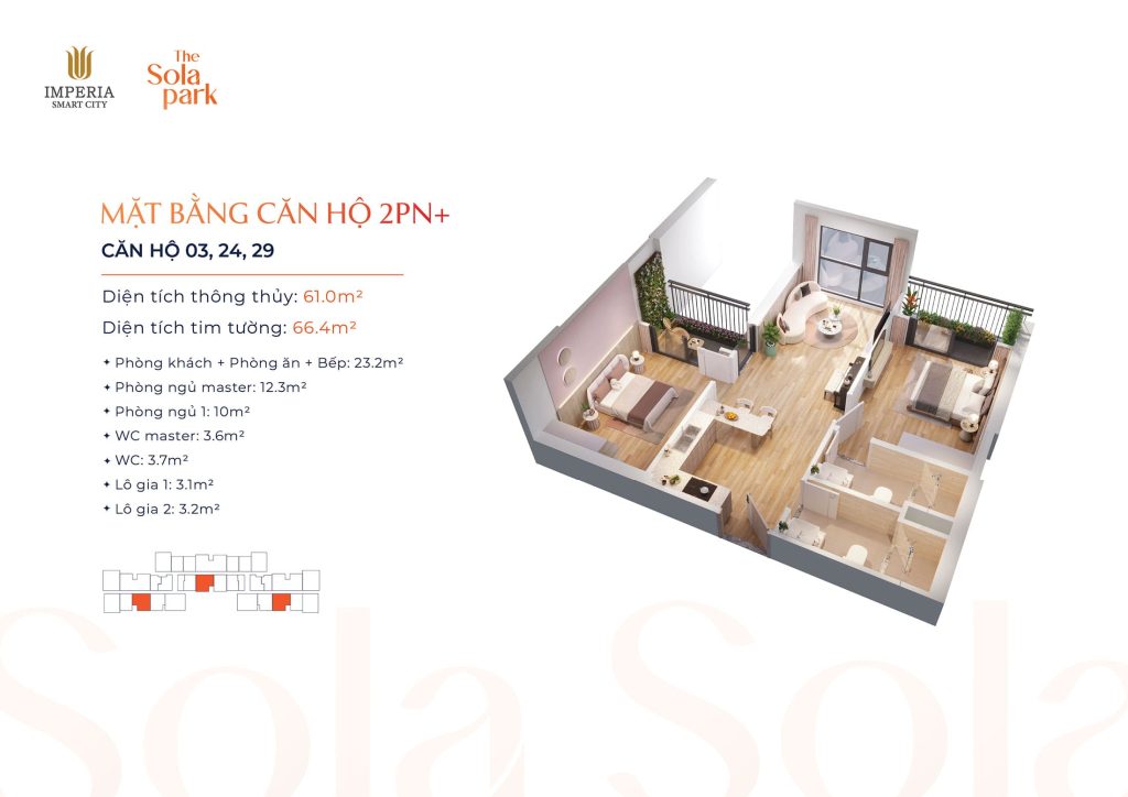 Layout thiet ke Can ho 2 Phong Ngu cong tai du an The Sola Park Imperia Smart City