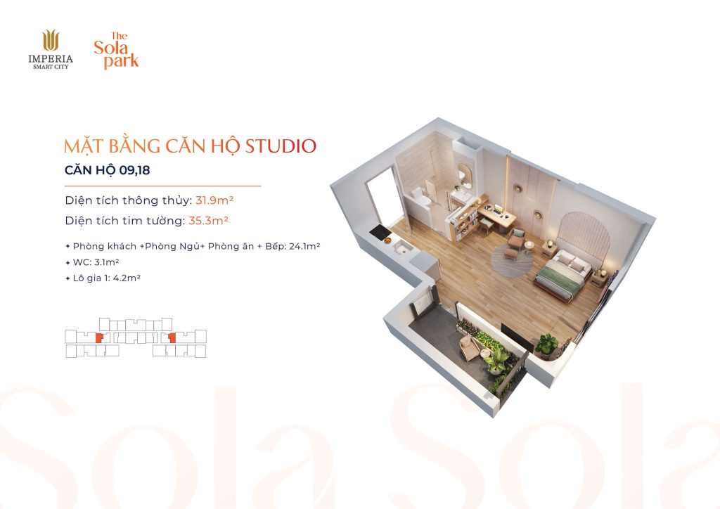 Layout thiet ke Can ho Studio tai du an The Sola Park Imperia Smart City